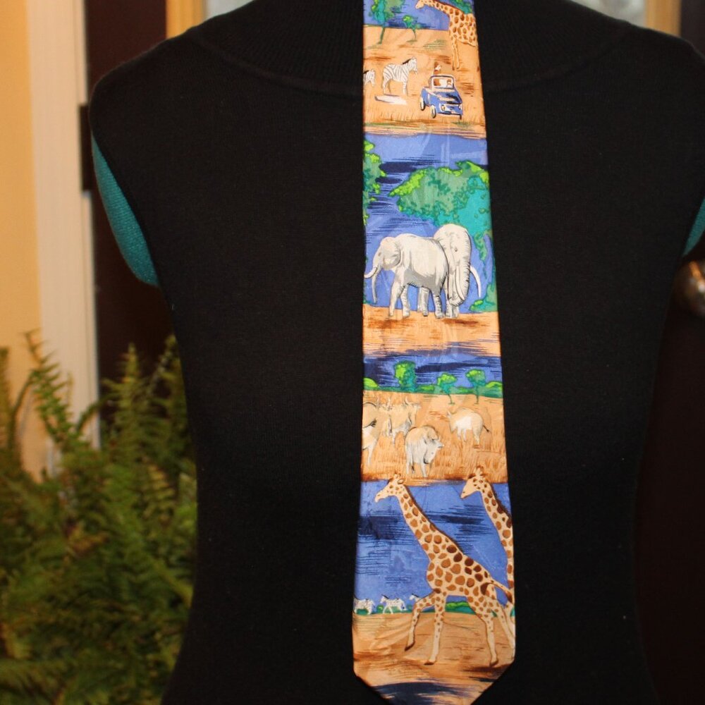 Addiction Mens Silk Tie Colorful African Serengeti Safari Jeep Animal Print XL - Picture 1 of 5
